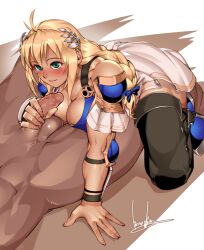 1boy 1girls armor bandai_namco big_breasts black_boots blonde_hair blush boots bowalia bracer braid braided_ponytail censored cleavage clothed_female_nude_male green_eyes handjob long_hair long_ponytail mosaic_censoring muscular muscular_female muscular_male penis ponytail solo_focus sophitia_alexandra soul_calibur soul_calibur_vi straight tan_skin testicles thick_thighs thigh_boots