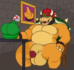 ambiguous_gender anthro ass balls big_balls big_butt big_pecs big_penis bowser bracelet brick chair claws elemental_creature finger_claws flaccid flora_fauna furniture genitals gesture hair half-closed_eyes hand_gesture hand_on_knee hand_on_leg hi_res horn jewelry koopa looking_at_viewer male male_only mario_(series) middle_finger musclegut muscular narrowed_eyes nintendo open_mouth pecs penis pipes piranha_plant plant red_eyes red_hair scalie shell sitting smile spikes table teeth tongue waniiime_(artist)