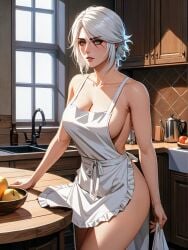 ai_generated apron apron_only breasts cathrynedelamort ciri female green_eyes kitchen light-skinned_female perfect_waifu scar solo the_witcher_(series) the_witcher_3:_wild_hunt white_hair