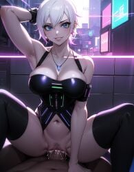 ai_generated cowgirl_position cyberpunk fairy_tail huge_breasts lisanna_strauss looking_at_viewer payop stockings straddling vaginal_penetration vaginal_sex