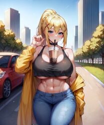 1girls ai_generated aimoonshine alternate_costume athletic athletic_female black_tank_top blonde_hair blue_eyes blue_sky boba_tea bubble_tea bubble_tea_challenge car choker cityscape contemporary cowboy_shot crop_top darkness_(konosuba) day detailed_background drinking fingernails french_braid hand_up jeans kono_subarashii_sekai_ni_shukufuku_wo! large_breasts looking_at_viewer lowleg meme mommy outdoors ponytail scenery skyscraper straw straw_in_mouth streetwear tank thick_thighs toned toned_female tree underboob walking yellow_jacket