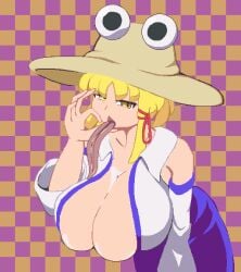 1girls alternate_breast_size animated animated_gif big_breasts blonde_hair blowjob_gesture breasts cleavage huge_breasts large_breasts long_hair looking_at_viewer short_hair solo solo_female solo_focus suwako_moriya tongue tongue_out touhou yado_taityou yellow_eyes