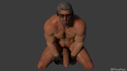 1boy 3d alcoholic_drink bandai_namco blue-tinted_eyewear erect_penis erection french hairy hairy_male hung kneeling light-skinned_male light_skin male male_focus male_nudity male_only mature mature_male menapeet_(artist) middle_aged middle_aged_male middle_aged_man older_male solo solo_focus solo_male tekken tekken_8 tongue_out victor_chevalier white_hair yaoi