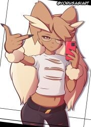 1girls belt belt_buckle crop_top female female_only flipping_off flipping_the_bird flipping_viewer_off girl glasses glasses_on_face jeans long_hair long_hair_female lopunny middle_finger midriff midriff_baring_shirt midriff_peek midriff_showing pissed_off pokemon pokemon_(species) red_eyes ripped_clothing ripped_shirt shirt tight_clothing tight_fit tight_jeans tight_shirt topwear white_shirt yorusagi