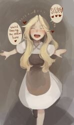 absurdres after_sex apron blonde_hair blush brown_apron closed_eyes commentary cum cum_on_neck dress english_commentary english_text facing_viewer female freckles highres long_hair open_mouth original short_sleeves solo speech_bubble standing sushoartworks white_dress