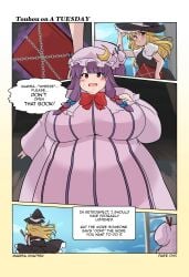 bbw belly_overhang big_belly big_female blonde_hair blush chubby chubby_female embarrassed fat fat_ass fat_female fat_fetish fat_girl fat_woman fatty kurocaze large_female marisa_kirisame obese obese_female overweight overweight_female patchouli_knowledge pig plump pork_chop purple_hair speech_bubble sweatdrop thick_thighs touhou tubby weight_gain witch witch_costume witch_hat