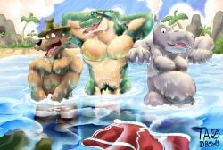 absurd_res alligator alligatorid anthro beach canid canine canis clothing crocodile crocodilian crocodylid duo eyewear genitals group hat headgear headwear hi_res hippopotamid male male/male mammal muscular muscular_male nipples nude pecs penis pubes reptile scalie sea summer sunglasses tao_draws trio underwear water wolf