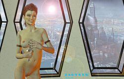 2013 3d alien artist_name breasts dagger female front_view holding_dagger holding_weapon humanoid jaguarry3 navel nipples nude original_character pinup pointy_ears romulan_(species) solo standing star_trek text vulva window