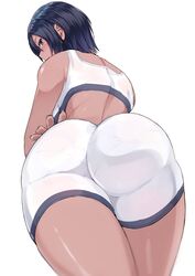 1girls ass bare_shoulders bike_shorts black_hair blue_eyes breasts dark-skinned_female dark_skin dat_ass female female_only looking_at_viewer looking_back looking_down miyamoto_issa original panties pantylines pov_ass short_hair simple_background solo solo_female sports_bra thighs underwear white_background