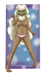 big_breasts breasts brown_skin eente female female_only nipples orange_eyes pokemon solo topless whimsicott white_hair