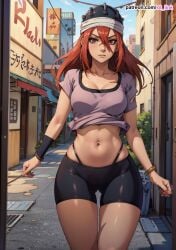 ai_generated ass big_ass big_breasts bike_shorts black_bike_shorts black_thong breasts brown_eyes female female_only hat huge_ass large_ass large_breasts light-skinned_female light_skin long_hair looking_at_viewer naruto naruto_(series) navel red_hair s8link shirt short_shorts shorts tayuya thighs thong voluptuous voluptuous_female wide_hips