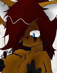 bad_anatomy badly_drawn big_breasts blue_eyes brown_hair brown_skin canid canine fox frown furry furry_breasts furry_female furry_only holding_breasts long_hair skullapple sonic_(series) tuft_ears unknown_character upset vulpid vulpine white_background