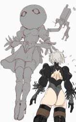 2girls assass black_thighhighs boots breasts feather_trim from_behind gloves highleg highleg_leotard iago_fnt leotard looking_away nier:_automata nier_(series) puffy_sleeves short_hair simple_background solo surprise tagme thigh_boots thighhighs thighs turtleneck white_background white_hair yorha_2b