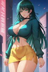 1girls ai_generated bare_legs bare_thighs big_breasts blush clothed clothing color female female_focus female_only fit_female fubuki_(one-punch_man) green_eyes green_hair hi_res large_breasts light-skinned_female light_skin long_hair looking_at_viewer one-punch_man plyboijayyai solo solo_female sweat tagme thick_thighs