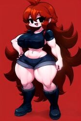 :d agent_gf_(friday_night_funkin) ai_generated auburn_hair bangs black_boots blush boots curvy_figure demon_girl friday_night_funkin friday_night_funkin_mod fully_clothed girlfriend_(friday_night_funkin) hand_on_hip huge_breasts long_hair messy_hair pixai red_background shirt shorts simple_background slim_waist smile smiling_at_viewer thick_thighs