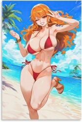 ai_generated artist_request beach big_breasts bikini clothing female female_only nami nami_(one_piece) ocean one_piece orange_hair red_bikini thick_thighs