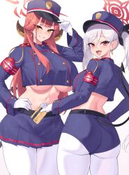 2girls aru_(blue_archive) ass blue_archive breast_size_difference breasts bubble_butt female halo hat height_difference high_resolution huge_breasts kuavera light-skinned_female light_skin long_hair medium_breasts mutsuki_(blue_archive) pink_hair red_eyes smile tail thick_thighs underboob white_hair yellow_eyes