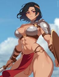 1futa abs arm_guards arm_shield armor arms_at_sides artist_name balls ballsack bikini_armor black_hair blue_sky breasts cloud cowboy_shot day flaccid_penis floating_hair foreskin futa_only futanari glooz glooz_art highres holding holding_sword holding_weapon human intact large_breasts light_blush loincloth looking_at_viewer magenta_eyes muscular muscular_female navel o-ring original outdoors parted_lips partially_retracted_foreskin pauldrons penis scrotum shaved_crotch short_hair shoulder_armor single_pauldron sky smooth_penis solo standing sword teeth testicles thick_thighs thighs uncensored uncut weapon