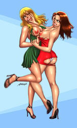 2girls anasheya angry areola ass asymmetrical_docking bangs bare_arms bare_legs bare_shoulders black_footwear black_high_heels blonde_hair blue_background blue_eyes breasts breasts_out brown_hair brunette busty catfight cleavage clenched_teeth clothes_pull dress dress_pull duo erect_nipples eye_contact female female_only full_body green_dress grey_eyes hair_between_eyes head_tilt high_heels large_breasts lips lipstick long_hair looking_at_another medium_breasts multiple_females multiple_girls nipples no_bra one_breast_out one_eye_closed original panties parted_bangs pleated_dress pushing pushing_head red_eyes red_lipstick shiny shiny_hair shiny_skin short_dress sideboob standing strapless strapless_dress teeth torn_clothes torn_dress tube_dress voluptuous white_panties wince wrist_grab yuri