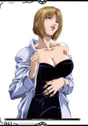 00s 1girls 2d 2d_(artwork) anime_character bible_black black_dress black_leather_dress blonde_female blonde_hair blonde_hair_female blue_eyes bob_cut breasts cleavage cross_earrings earrings female female_only highres jewelry kitami_reika labcoat leather_dress light-skinned_female light_skin lipstick off off-shoulder_dress off_shoulder one-piece_dress parted_bangs purple_nails scan short_hair smile solo solo_female video_game_character video_game_franchise yoshiten