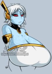 1girls alien_girl annoying_watermark armwear bare_shoulders blue-skinned_female blue_body blue_skin blue_theme bust cleavage clothed_female clothing cyan_body cyan_skin eyelashes eyeliner eyes female freckles front_heavy_breasts grey_background grey_theme hyper_breasts long_breasts massive_breasts mottled_skin nervous no_nose o'pai_(aquaterrius) red_eyes red_sclera sexualyeti short_hair short_hair_female signature silver_background slit_eyes solo spotted_body spotted_skin tau thick_eyelashes upper_body url v_arms warhammer_(franchise) warhammer_40k watermark white_clothing white_hair white_hair_female