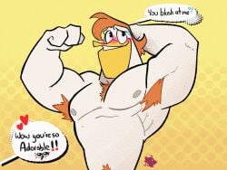 anthro avian bir_kye blush disney duck ducktales ducktales_(2017) flexing launchpad_mcquack looking_away male muscles muscular muscular_male nipples pecs smile solo solo_male topless