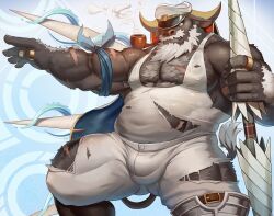 1animal 1anthro 1boy ahab_(tokyo_afterschool_summoners) anthro anthro_only arm_up beard bearded belly belly_bulge big_balls big_hands black_body black_fur buffalo bulge bulge_through_clothing bulging_belly bulging_nipples bulging_penis cape dsharp_k ears_down fat fat_man gay grey_hair hairy hairy_arms hairy_chest hairy_male holding_arm_up horn horns male male_only moustache obese pipe ripped_clothing sailor sailor_hat scars scars_all_over scars_on_arm scars_on_legs smoking smoking_pipe solo standing tail tank_top weapon white_beard white_hair white_shirt