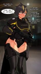 1girls 3d armor dark-skinned_female dark_skin embarrassed english_text female female_focus female_only female_soldier helldivers helldivers_2 looking_at_viewer military military_uniform short_hair soldier tan_body tanned text tomboy valiance wardrobe_malfunction wide_hips