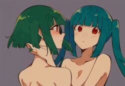 2girls ai_generated amaterasu_(sister's_story) back bangs black-framed_eyewear blue_hair blunt_bangs blush breasts cleavage closed_mouth collarbone convenient_arm glasses green_hair hand_in_another's_hair imminent_kiss incest long_hair looking_at_another looking_at_viewer masa_works_design milua multiple_girls novelai nude pony_diffusion_xl purple_background red_eyes self_upload short_hair siblings sidelocks simple_background sister's_story sisters teal_hair tsukuyomi_(sister's_story) twincest twins twintails upper_body vocaloid yuri