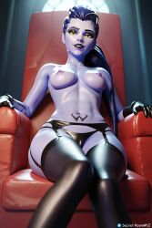3d ai_generated black_eyeshadow black_lipstick blue_hair blue_skin breasts cameltoe earrings erect_nipples eyeshadow female female_only from_below garter_belt garter_straps gloves latex medium_breasts nipples overwatch overwatch_2 ponytail purple_skin pussy secret_room12 sex shiny_skin sitting solo stable_diffusion tattoo thighhighs thong widowmaker yellow_eyes