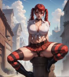 1girls ai_generated boots breasts breasts_bigger_than_head candy_cane_(rumble_roses) choker cleavage exposed_panties g_string huge_breasts konami large_breasts league69 microskirt miniskirt outdoors panties ponytail rebecca_welsh red_eyes red_hair rumble_roses sitting skirt solo spread_legs string_panties tagme thighhighs thong_above_skirt twintails upskirt