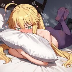 1girls ahoge artoria_pendragon artoria_pendragon_(caster) ass blonde_hair blush breasts ebora embarrassed fate/grand_order fate_(series) feet feet_up feet_visible_through_clothing female green_eyes light-skinned_female light_skin long_hair pantyhose perky_breasts petite soles_of_feet_in_stockings thighs toes_visible_through_clothing twintails youngmanisdown