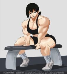 alternate_body_type black_panties broad_shoulders chainsaw_man dark_eyes dark_hair grey_shoes grey_socks hair_clips higashiyama_kobeni light-skinned_female muscle_fetish muscular_female nervous_expression pandatarius pixiv sitting_on_bench sports_bra