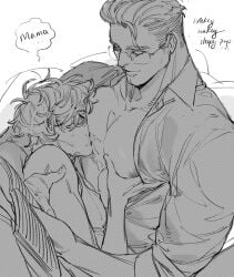 2boys abs bara breastfeeding daddy dialogue dilf english english_text gay glasses male male_only muscular muscular_male pecs trangtora yaoi