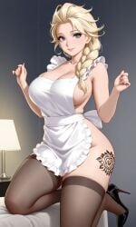 ai_generated bedroom blonde_hair blue_eyes braided_hair chloenette69 elsa_(frozen) eyebrows eyelashes frozen_(film) large_ass large_breasts looking_at_viewer maid_uniform smiling_at_viewer solo_female stiletto_heels stockings tattoo thick_thighs