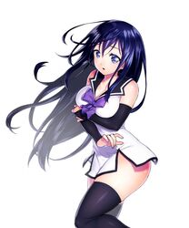 ass blue_eyes blue_hair clothed clothing female gokukoku_no_brynhildr leggings long_hair thigh_highs white_background