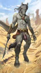 absurd_res anthro armor bandage black_hair cloak clothing desert digital_media_(artwork) ears_up equid equine fur grey_body grey_fur hair hi_res hooves horse horse_tail levsha male mammal melee_weapon muscular muscular_anthro muscular_male red_hair solo sword tail warrior weapon white_body white_fur white_hair