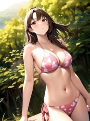 1girls ai_generated ai_mirror belly_button bikini blush brown_hair bushes down_angle looking_at_viewer medium_breasts medium_hair pink_bikini red_eyes standing trees white_hearts white_skin