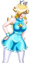 1girls bare_shoulders blonde blonde_hair blonde_hair_female blue_clothing blue_eyes breasts brooch crown curvy earrings female female_only hair_over_one_eye irohazakayouth light-skinned_female light_skin long_hair mario_(series) mario_tennis nintendo open_mouth pantyhose platinum_blonde_hair princess_rosalina sleeveless solo sports_dress sportswear star_earrings tennis_uniform thick thick_hips thick_thighs thighs white_background white_pantyhose wide_hips wristband