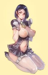 blue_hair bob_cut bow_(bhp) large_breasts original presenting_breasts pubic_hair seiza sitting thick_thighs