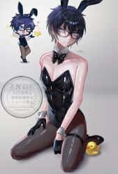 1boy 1male amachihiro_(artist) background black_hair black_high-heels black_high_heels blue_eyes blue_hair bodysuit boy bunny_boy bunny_costume bunny_ears bunnysuit duck femboy femboy_only feminine_body feminine_male feminine_pose feminized_male gacha gacha_art gacha_life gacha_life_2 glasses high_heels latex light-skinned_male light_skin looking_at_viewer luni_(lunime) lunime male male_only serious serious_face short_hair simple_background simple_shading sitting solo solo_focus solo_male stockings stockings_only stockings_thigh_highs twink