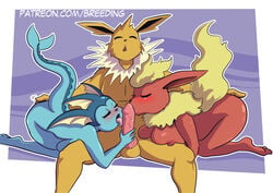 1boy 2girls all_fours anthro anthro_on_anthro anthrofied areolae ass back big_penis bitw blue_fur blush breasts canine canine_penis closed_eyes collaborative_fellatio eeveelution erection eyelashes feet fellatio female fingering flareon group group_sex interspecies jolteon knot large_breasts licking long_ears male nintendo nipples nude oral penis penis_lick pokémon_(species) pokemon pokemon_(species) pokemon_rgby purple_background raised_tail red_fur sex sitting soles spread_legs straight tail teamwork testicles text threesome toes tongue tongue_out url vaporeon veiny_penis video_games watermark white_border yellow_fur