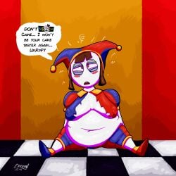 belly belly_button burp burping chubby chubby_female ediun obese pomni_(the_amazing_digital_circus) stuffed_belly stuffing the_amazing_digital_circus thick_legs weight_gain wide_hips