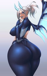 1girls ass ass_focus big_ass big_breasts blue_eyes blue_horns blue_lipstick blue_nails booty bottom_heavy curvy cyan_eyes cyan_lipstick dat_ass demon_horns demon_wings dimples_of_venus dragon ear eyeliner eyeshadow facial_marking female female_only finger_in_mouth fingerless_gloves folded_ponytail horns hourglass_figure huge_ass looking_at_viewer mechanical_wings nipple_bulge oni_horns presenting_hindquarters raidouzero seductive sideboob silver_hair smile smirk solo thick_thighs tight_clothing tight_pants white_hair wide_hips wing_blades wings