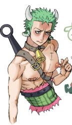 bandaids_on_nipples big_pecs blush collar cow_boy cow_ears cow_horns cowbell earrings embarrassed erect_nipples green_hair haramaki k_zaooo lactation male male_lactation male_only muscular muscular_male one_piece pecs pre-timeskip roronoa_zoro scar solo topless topless_male