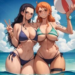 2girls abs ai_generated alex-schura bare_arms bare_legs bare_shoulders bare_thighs big_breasts bikini bikini_bottom bikini_top black_hair blue_eyes breast_squish clothed clothing color female female_focus female_only fit_female hi_res large_breasts light-skinned_female light_skin long_hair looking_at_viewer nami nami_(one_piece) nico_robin one_piece orange_eyes orange_hair peace_sign post-timeskip shounen_jump side-tie_bikini_bottom solo_female tagme tattoo thick_thighs thigh_strap underboob v