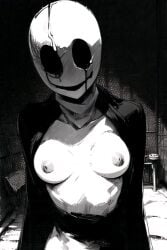 ai_generated bald breasts breasts_out coat coat_only creepy creepy_smile dark_room eye_socket gaster looking_at_viewer medium_breasts melting monochrome monster monster_girl nipples no_pupils pixai shadows smile smiling undertale undertale_(series) up_close upper_body white_skin