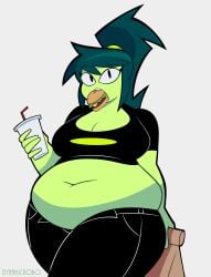 belly belly_fetish big_belly big_breasts big_thighs burger chubby chubby_belly chubby_female deep_navel dynamicrobo eating green_girl