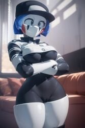 ai_generated big_breasts black_eyes black_skin blue_hair boots cap collared_shirt crossed_arms curvy_figure day daytime female five_nights_at_freddy's five_nights_at_freddy's:_security_breach hat indoors morning nipples pixai pussy red_cheeks robot_girl robot_humanoid short_hair sofa staff_bot_(security_breach) staffbot stuffbot stuffbot(nightbotgrey) thick_thighs thighhighs upper_body white_thighhighs