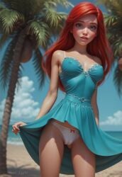 ai_generated angel_light angel_light_(artist) ariel ariel_(the_little_mermaid) beach blue_dress blue_eyes cameltoe coconut disney disney_princess medium_breasts nipple_bulge outdoors palm_tree panties pokies princess red_hair the_little_mermaid the_little_mermaid_(1989_film) white_panties